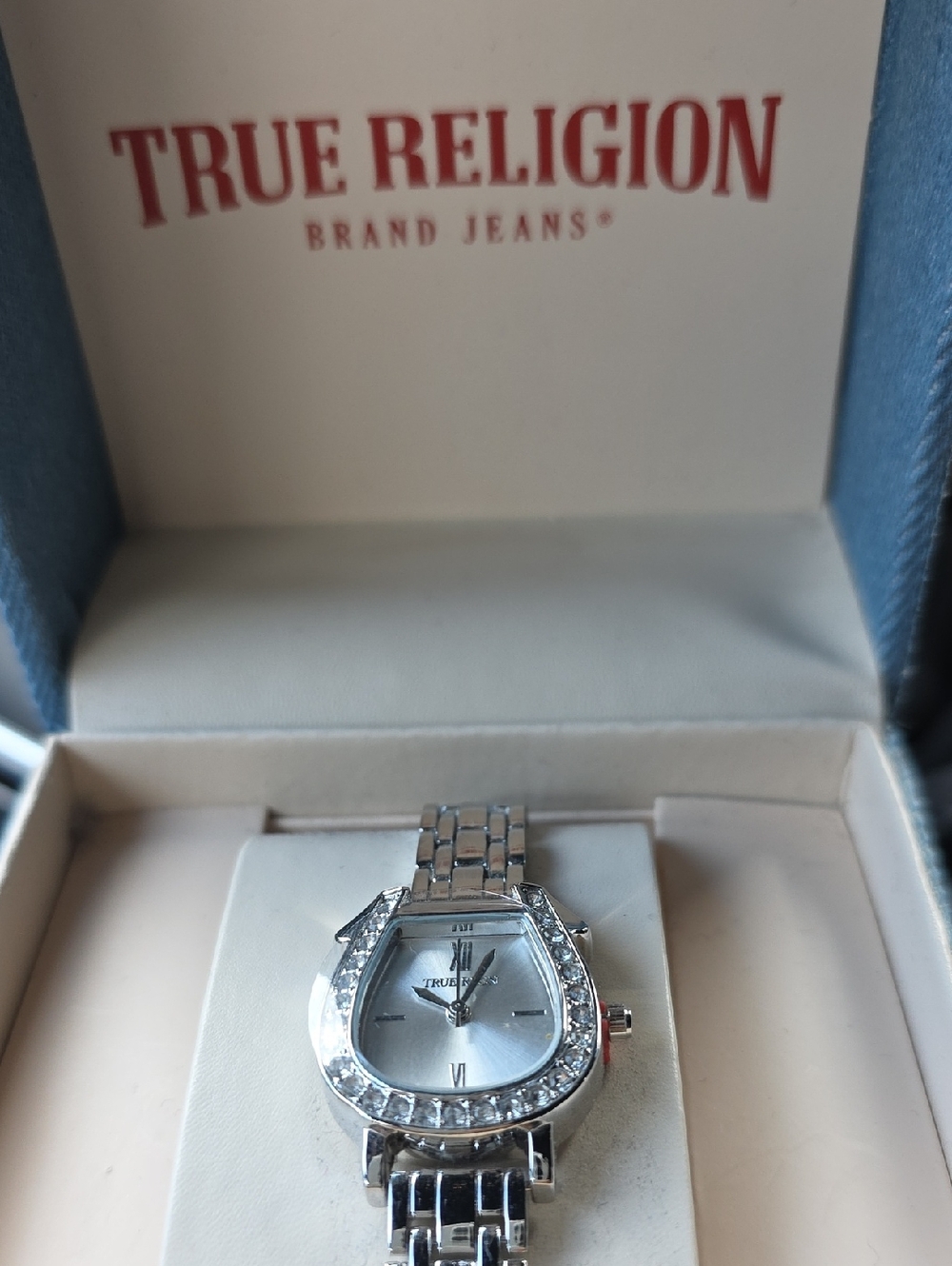 True Religion Silver Crystal Accent Women's Watch With Denim Box